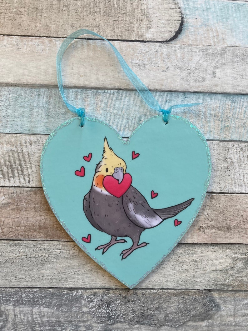 Cockatiel love hearts Cute 10cm Wooden Heart Ornament Cockatiel Valentines Day Gift image 5