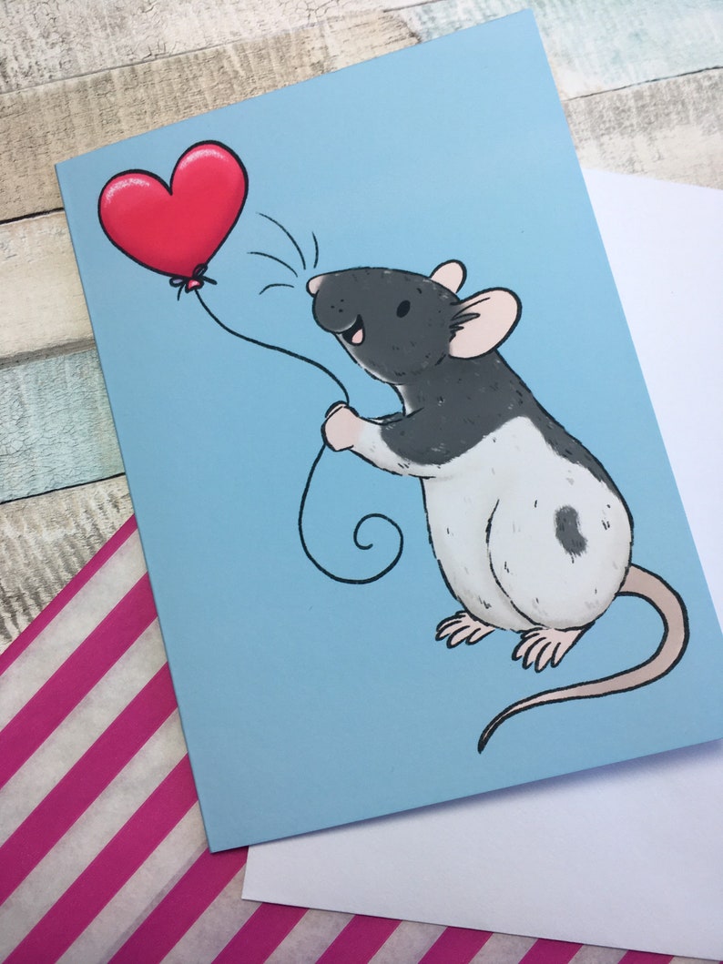 Heart Balloon Rat A6 Greeting Card Cute Fancy Rat Blank Greeting Card Hooded Rat Love Card Cute Ratty Valentine image 3