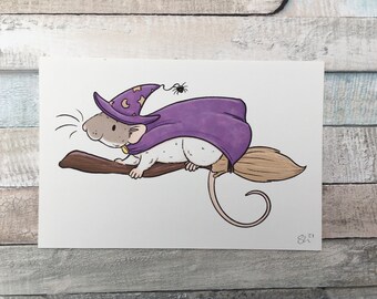 Amelia The Witchy Rat Art Print - Tamaños A5 y 6 x 4 pulgadas - Lindo arte de pared de rata elegante - Divertido regalo para ratas