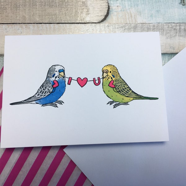 I Love You Budgie A6 Greeting Card - Cute Budgerigar Love Card - Budgie Valentines Day Card