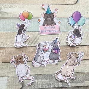 Birthday Rat Stickers | Set of 6 Birthday Rat Stickers | Cute Celebration Pet Rat Glossy Stickers