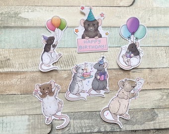 Pegatinas de ratas de cumpleaños / Conjunto de 6 pegatinas de ratas de cumpleaños / Linda celebración mascota rata pegatinas brillantes