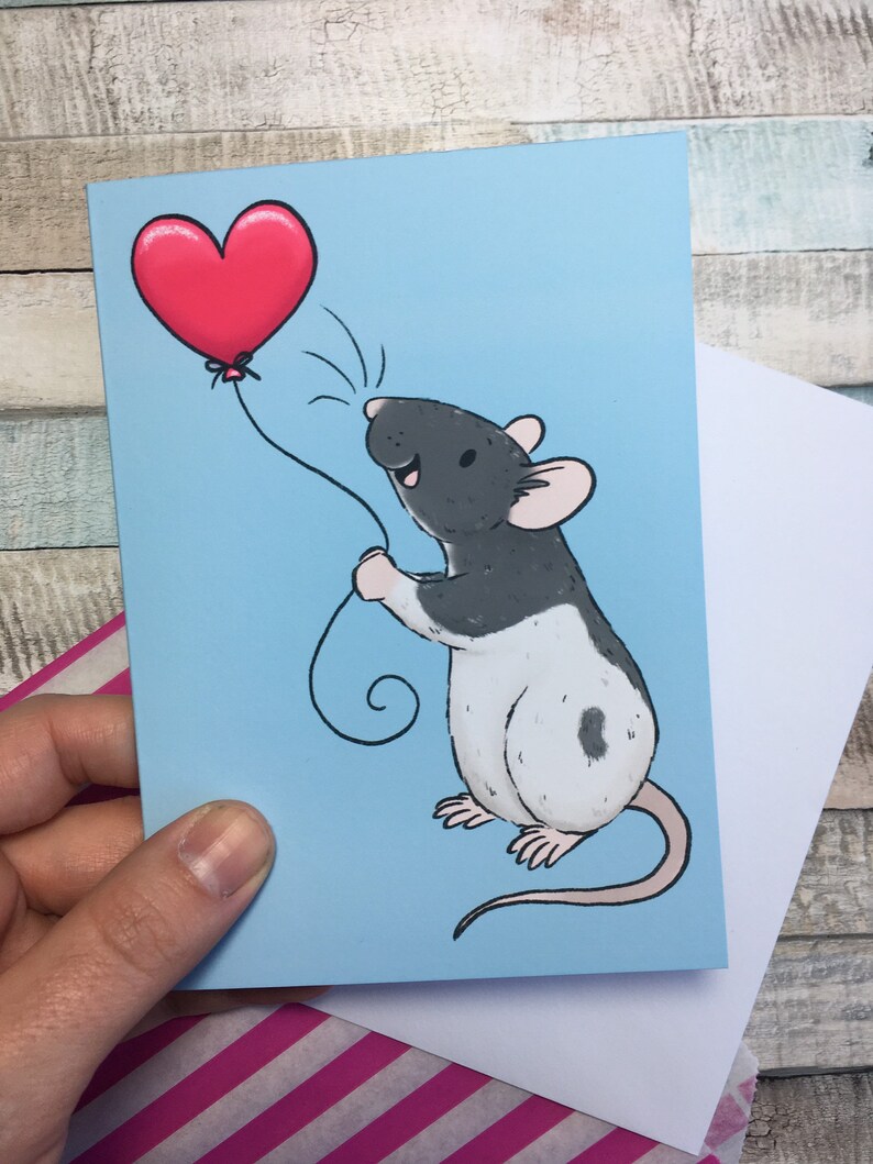 Heart Balloon Rat A6 Greeting Card Cute Fancy Rat Blank Greeting Card Hooded Rat Love Card Cute Ratty Valentine image 2