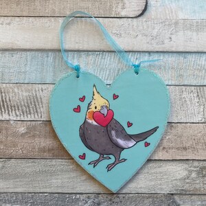 Cockatiel love hearts Cute 10cm Wooden Heart Ornament Cockatiel Valentines Day Gift image 2