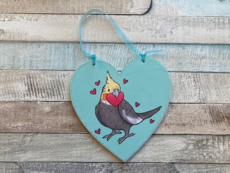 Cockatiel love hearts Cute 10cm Wooden Heart Ornament Cockatiel Valentines Day Gift image 2