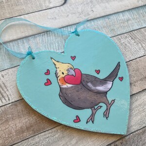 Cockatiel love hearts Cute 10cm Wooden Heart Ornament Cockatiel Valentines Day Gift image 4