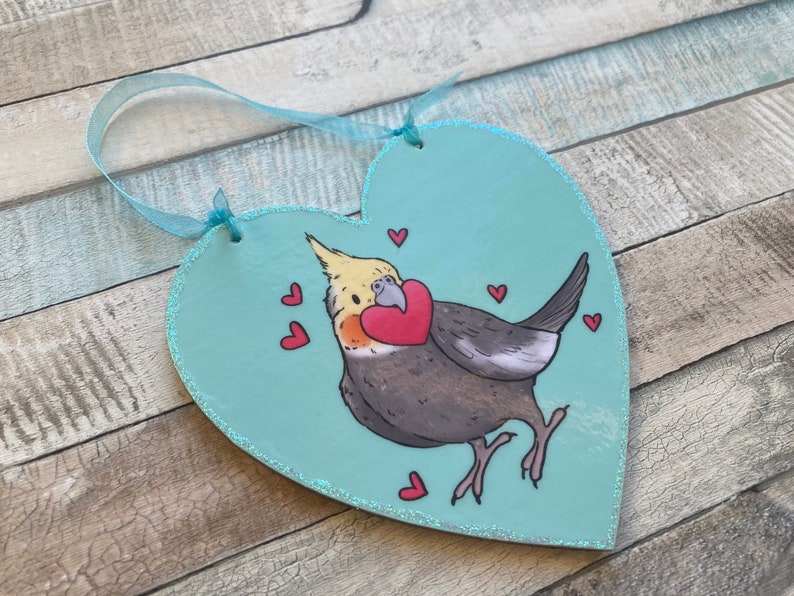 Cockatiel love hearts Cute 10cm Wooden Heart Ornament Cockatiel Valentines Day Gift image 4