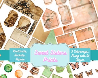 Folios, Postcards, Pockets and Papers. 3 Colorways, includes great fussy cuts to layer in all colors. Download and Use in Your Junk Journals
