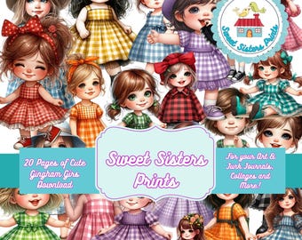 Gingham Girls Download, 20 Pages of Adorable Images to use in your Art & Junk Journals, Collages, Cards, ATCs and more.