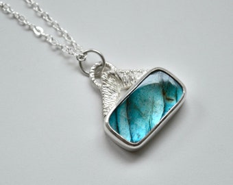 Silver Labradorite Necklace, Rectangular Labradorite, Blue Flash Labradorite, One of a Kind Pendant, Silver Pendant