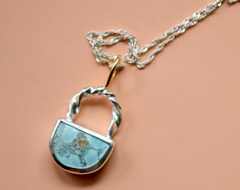 Silver and 18k Gold Twist Sand Hill Turquoise Necklace, Turquoise Pendant, Sand Hill Turquoise, Mixed Metal Necklace