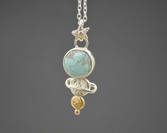 Celestial Turquoise Pendant Necklace, Mixed Metal Celestial Necklace, Planetary Necklace, Cosmic Pendant, Sand Hill Turquoise