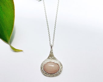 Drip Pendant with Peach Moonstone, Large Gemstone Necklace, Moonstone Necklace, Silver Statement Necklace
