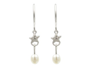 Silver Pearl Star Earrings, Dangle Earrings, Star Hoops, Pearl Dangles, June Birthstone