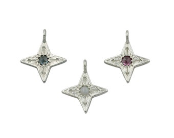 Silver Compass Star Pendant, Rhodolite Garnet, Montana Sapphire or Opal Star Pendant, Gemstone Necklace