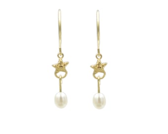 14k Gold Pearl Star Dangle Earrings, Dangle Hoop Earrings, Star Hoops, Pearl Dangles, June Birthstone