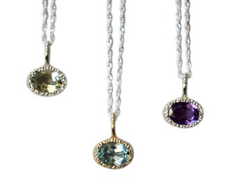 Silver Oval Stardust Gemstone Pendants, Amethyst Necklace, Green Quartz Pendant, Blue Topaz Pendant, Celestial Jewelry, Star Necklace