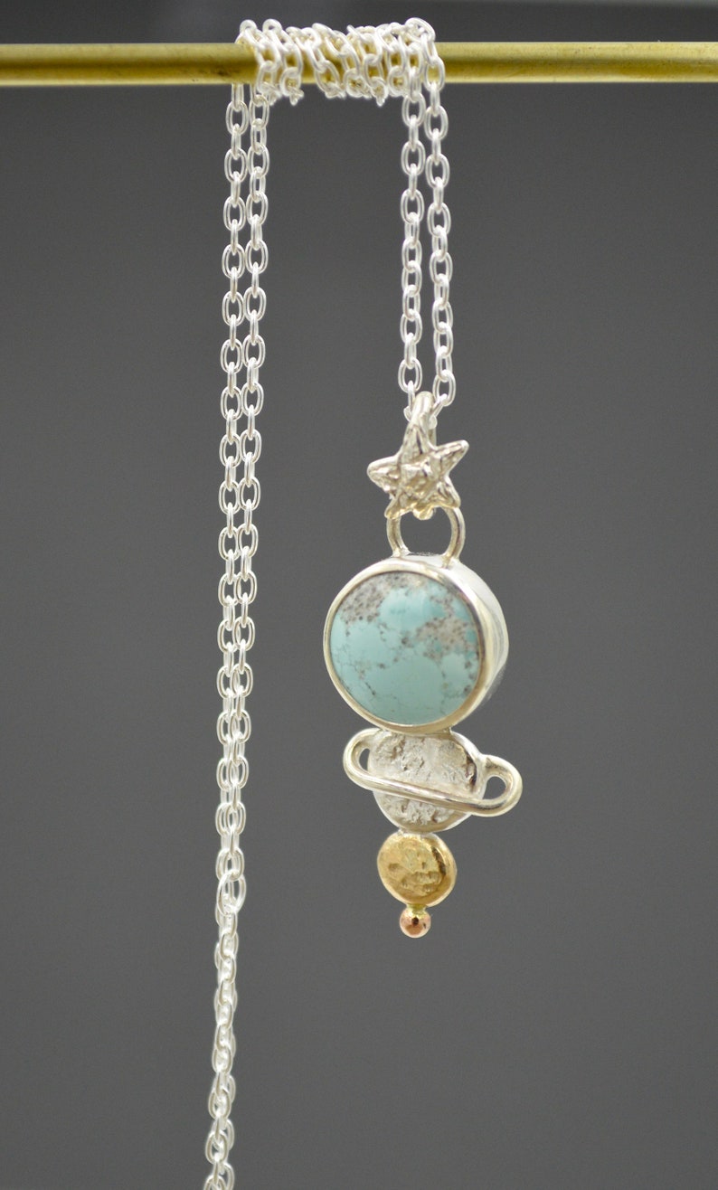 Celestial Turquoise Pendant Necklace, Mixed Metal Celestial Necklace, Planetary Necklace, Cosmic Pendant, Sand Hill Turquoise image 3