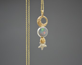 Celestial Opal Pendant Necklace, Planetary Pendant, Australian Opal, Moon and Stars Necklace, October Birthstone