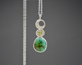 Celestial Royston Turquoise and Peridot Necklace in Silver, Royston Turquoise Necklace, Peridot Pendant, Celestial Necklace, Moon