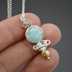 Celestial Turquoise Pendant Necklace, Mixed Metal Celestial Necklace, Planetary Necklace, Cosmic Pendant, Sand Hill Turquoise image 4