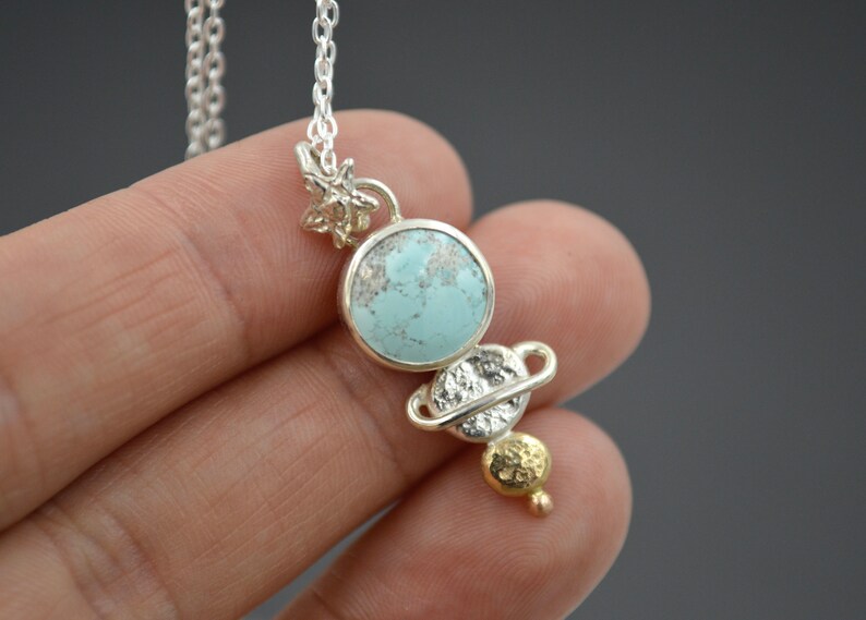 Celestial Turquoise Pendant Necklace, Mixed Metal Celestial Necklace, Planetary Necklace, Cosmic Pendant, Sand Hill Turquoise image 4