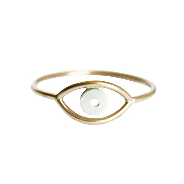 14k Gold Evil Eye Ring, Third Eye Ring, Thin Solid Gold Ring, Mixed Metal, Protective Jewelry, Evil Eye Jewelry