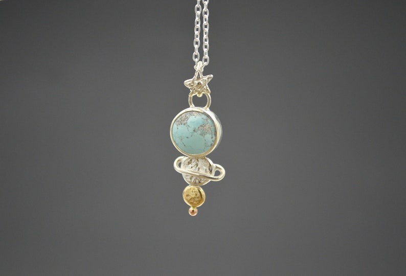 Celestial Turquoise Pendant Necklace, Mixed Metal Celestial Necklace, Planetary Necklace, Cosmic Pendant, Sand Hill Turquoise image 1