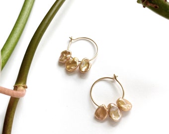 Pearl Hoop Earrings #6, Peach Keshi Pearl Earrings, Thin Gold Hoops, Freshwater Keshi, Simple Jewelry