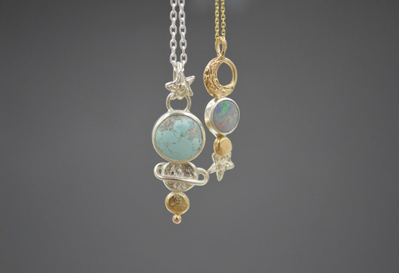 Celestial Turquoise Pendant Necklace, Mixed Metal Celestial Necklace, Planetary Necklace, Cosmic Pendant, Sand Hill Turquoise image 5