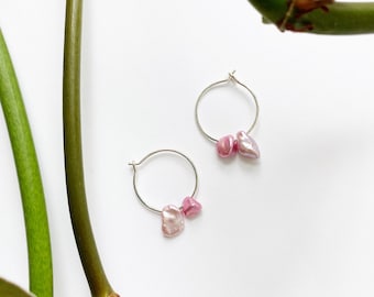 Pearl Hoop Earrings #5, Pink Keshi Pearl Earrings, Pearl Hoop Earrings, Silver Hoops, Keshi Pearls, Simple Pearl Hoop
