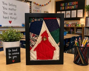 Upcycled Teacher Gift little red schoolhouse vintage quilt block in 5x7" frame (wedding ring)