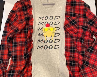 NWT Friends, Thanksgiving mood, turkey head upcycled flannel campfire T-shirt