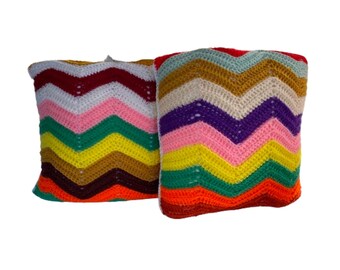 Set of 2 Vintage Handmade Chevron Multi-Color Crochet pillows 16" (w/inserts)