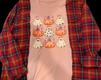 NWT Bows ghosts and pumpkins size XL upcycled Halloween campfire flannel T-shirt
