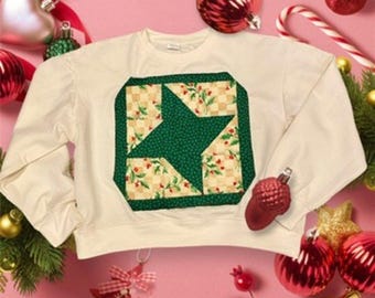 Quilted Holiday Christmas cropped sweatshirt upcycled Juniors XL