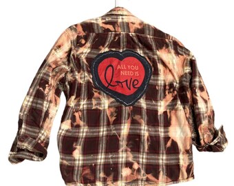 Beatles All you need is love Bleached Flannel Shirt Handmade Upcycled Medium M