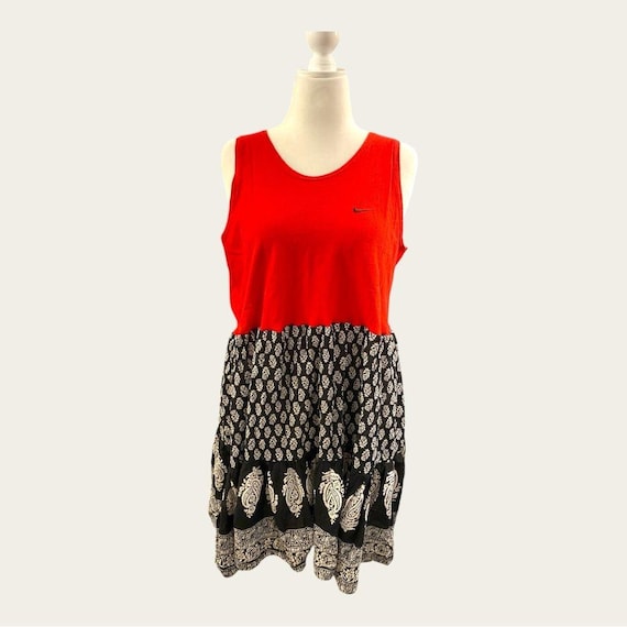black and red nike dress Upcycled Nike Red and Black Patterned Dress size L large