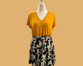 NWT XL mustard yellow daisy soft Mash-Up Upcycled Reworked skirt dress
