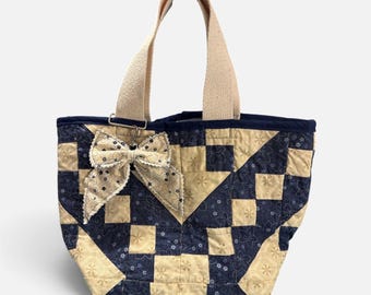 Blue & Floral Upcycled Handmade Quilt Mini Market Tote Bible Study Church bag