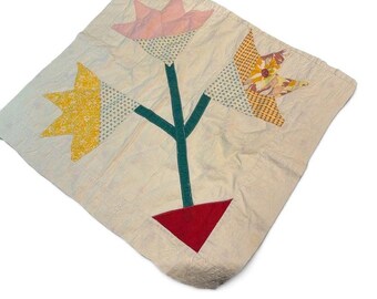 Floral basket quilt piece/square cut from vintage quilt