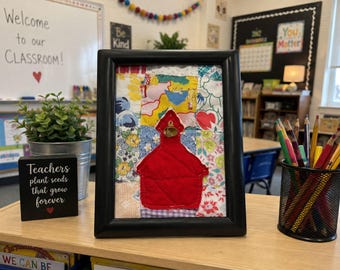 Upcycled Teacher Gift little red schoolhouse vintage quilt block in 5x7" frame (patchwork)