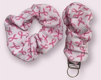 Breast Cancer Awareness 2-piece knit scrunchie and scrunchie wristlet keychain Set