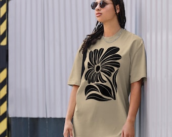 Black Retro Daisy Flower Block Print Oversized faded t-shirt