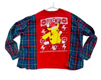 Pokemon Pikachu Christmas Sweater look upcycled t-shirt flannel shirt XL