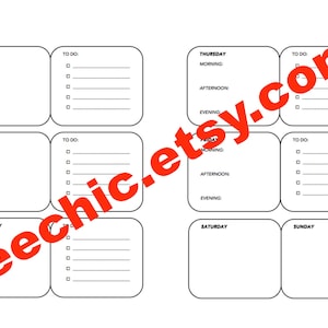 May include: A printable weekly planner with spaces to write in the days of the week, morning, afternoon, and evening.  There is a "To Do" list for each day.
