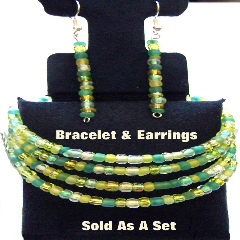 Glass Bead Memory Wire Bracelet & Dangle Earring Set
