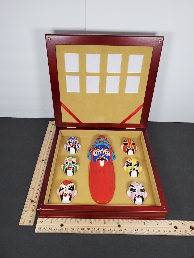Chinese Theater Opera Masks Miniature in Wood Display Case Very Unusual ...