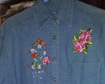 Embroidered Denim Shirt has gorgeous butterflies and embroidered Roses on a short sleeved jean shirt very beautiful in size small