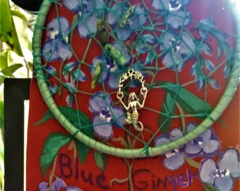 Hand Painted Blue Ginger Flower Dream Catcher on Fringed Leather comes with Flower Description, Painted by The DreamCatcherMan